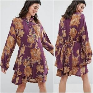 Free People Purple and Gold Floral Mini Dress